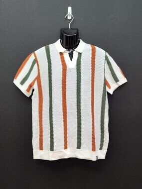 Hoooyi Stripe Knit V Neck Men Polo Shirt Medium White